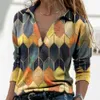 Женщины с длинным рукавом V-образным вырезом Геометрическая печать старинные свободные футболки повседневная пуловер элегантная блузка плюс размер 210428
