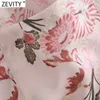 Zevity Women Fashion Pink Flower Print Casual Chiffon Smock Blouse Office Ladies Long Sleeve Shirts Chic Blusas Tops LS7678 210603