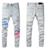 Top quality Mens jeans Hole patch printing Distressed Motorcycle biker jean Rock Skinny Slim Ripped Knee zipper Denim pants252g