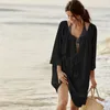 Pizzo Patchwork Nappa Coulisse Abito da spiaggia in cotone Vacanze estive Copricostume da donna Casual Costume da bagno nero allentato Up 210604