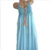 5XL Artı Boyutu Yaz Plaj Spagetti Kayışı Elbise Gevşek Rahat Katı Vintage Sundress Backless Püsküller Bayanlar Vestido Parti Elbise 210507