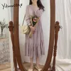 yitimuceng Ruchedの女性のためのディッシュのためのドレスのためのMidi Chiffon Dressハイウエスト白い紫色の服春夏の韓国のファッション210601