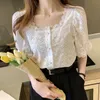 Yaz Gömlek Kore Dantel Gömlek Kadın Kare Yaka Kısa Kollu Vintage Zarif Bluz Moda Blusas Oymak 13934 210527