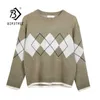 Motif géométrique Argyle Pulls Printemps Automne Lâche Surdimensionné O-Cou Chandails Tricotés Collège Coréen Style Dames Jumper 211011