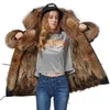 Maomaokong Vinterjacka Kvinnor Long Parka Real Fur Coat Natural Raccoon Fur Collar Hood Tjock Varma Streetwear Parkas 210917