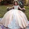핑크 볼 플라워 걸 드레스 아플리크 소매 소매 어린이 결혼식을위한 공주 첫 성찬식 드레스 대회 가운 403