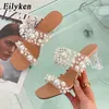 Eilyken 새로운 투명 PVC 문자열 구슬 신발 여성 패션 오픈 발가락 슬리퍼 크리스탈 Perspex 발 뒤꿈치 슬라이드 해변 샌테인 Femm hfgahglkajg
