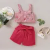 Zomer 2-delig baby peuter meisje mooie bloemen decor gestreepte bovenkant en solide shorts sets 210528