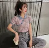 Sommar koreanska vintage eleganta plaid stickade t-tröjor kvinnor sväng ner krage kortärmad mode damer slim toppar femme 210519