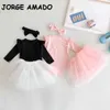 Spring Kids Girl 3-PCs Set Solid Färg Långärmad Bodysuit + Tutu Kjol Huvudbonader Gullig stil Barnkläder E6016 210610