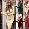 Abiti casual Vintage Solido Verde Rosso Abito da donna Stile francese Scollo a V Elegante manica media lunga Slim Vita alta Plus SizeCasual222q