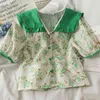 Кимутомо сладкий цвет контрастности цветочные блузка женская пэчворк Peter Pan воротник слоеного рукава летняя рубашка повседневная рубашка 210521