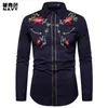 Camisa bordada elegante dos homens estilo ocidental com flores manga comprida camisas casuais