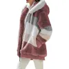 女性用ジャケット女性秋の冬の温かいジッパーミックスカラーストリートドレスルーズジャケットポケットぬいぐるみフード付き
