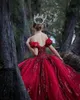 Sparkly Sequined Lave Löstagbara ärmar 2022 Quinceanera Prom Dresses Ball Gown Tulle Off Shoulder Bourgogne Dark Red Sweet 15 Eve255D