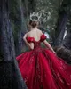 Sparkly Sequined Lave Löstagbara ärmar 2022 QuinCeanera Prom Dresses Ball Gown Tulle Off Shoulder Bourgogne Dark Red Sweet 15 Eve201C