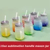 ¡Venta al por mayor! Mango de sublimación de 15 oz Mason Jar Gradiente Gafas esmeriladas Mano DIY Copas de vino multicolores Transferencia de calor Vasos de vino Copas de cerveza 8 Tazas de color A12