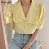 Sweet Short White Chiffon Blouse Kvinnor Ruffled Slim Shirt Toppar Koreanska Chic Puff Sleeve s Blusar Blusas Mujer 10196 210512