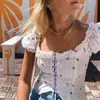 Floral Gambiodery Bluzka Lato Kobieta Wzburzyć Rękaw White Slim Button Up Vintage Crop Tops Square Collar 210427