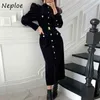 Chic Safari Style Split Velvet Dresses Autumn Stand Colar Straight Dress Puff Sleeve Single Breasted Vestidos With Belt 210422