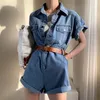 Women Rompers Summer Casual Short Sleeve Jumpsuit Denim Pants Turn-Down Collor Playsuits Overalls 210429