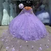 Lilac Quinceanera Vestidos 2021 com 3D Floral Applique Feito Personalizado Frisado Espaguete Correias Doce 16 Pageant Ball Vestido Princesa Formal Wear Vestidos