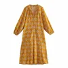 Летнее платье желтое печать плюс размер MIDI ES женщин с длинным рукавом вечерняя вечеринка женщина случайные передние кнопки 210430