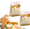 2021 Elegant bröllopsfest favoriserar gåva Candy Paper Boxes Väskor med Ribbon Guld / Silver