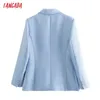 Tangada Frauen Mode Blau Tweed Blazer Mantel Vintage Langarm Büro Dame Oberbekleidung Chic Tops QD83 211122