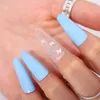 Błyszczący Laser Niebieski Ombre Nails Gradient Bardzo Długi Plac Prasa Trumny na Fałszywy Paznokci Motyl Glitter Cekiny Art Akrylowe Baleriny Paznokci