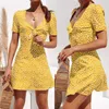 Mode kvinnor kortärmad wrap boho blommig mini klänning damer sommar semester fest sundress kvinnlig vestidos y0823