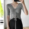 Summer Women Top Knit Drawstring Slim V Neck Bottom Shirt Short Sleeves Solid s T 210608