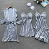 Pajama set for women luxury satin sleepwear embroidery flowers home wear 4 pieces pyjamas vest+coat+shorts silk nightwear 210830