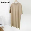 aachoae womenカジュアルルーズソリッド100％コットンTシャツドレスoネックミニドレスバットウィングベーシックドレスベスティドス210325