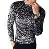 Męskie Koszulki Leopard Velvet T Shirt Mężczyźni Z Długim Rękawem Casual Slim Fit Tshirt Vintage Half Turtleneck Man Streetwear Club Tops Tees Odzież