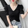 Sommar Kvinnor V-Neck Puff Sleeve T-shirts Toppar Koreansk Fashion Folds T Shirt Short Tees Y2K Top Clothing Women 210507