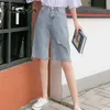 Streetwear halv längd hög midja shorts för kvinnor rakt blå hål denim sommar casual byxor kvinnliga bredben jeans 210514