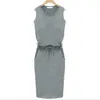 Ladies Casual Party Dresses Summer Dress Women Sleeveless Pockets with Belt Pencil Mini Dress Beach Wear