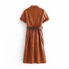 Women Streetwear Solid PU Leather Dress Pleated Short Sleeve Sashes Knee Length Dresses Turn Down Collar Pocket Vestido 210508