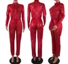 Women Sexy Jumpsuits Glitter Sequin Metallic Rompers Long Sleeve Onesie Loose Pants Party Clubwear with Belt Zipper Closure S-3XL Red Black Silver