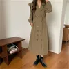 Vintage Zweireiher Koreanische Frauen Lange Kleid Herbst Winter Kerb Kragen Rüschen A-linie Kleider Vestidos Femme 210513