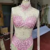 Sexy Mesh Transparent Stones Bodysuit Birthday Party Outfit s Romper Singer Team Dance Pink White Blue Costume 210715