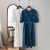 Summer Puff Sleeve Blue White Dress Women's Korean Retro High Waist Hepburn V-neck Shirt 210607