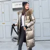 Ficusrong Nedensel Parlak Gümüş Aşağı Ceketler Kış kadın Uzun Kürk Yaka Kapşonlu Ceket Parkas Kalın Kış Ceket Kadın Dış Giyim 210916
