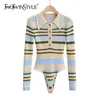 TWOTWINSTYLE Striped Hit Color Bodysuit For Women Lapel Long Sleeve High Waist Slim Jumpsuit Female Fashion Clothing 210517