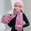 Women Casual Winter Hat With Brim Outdoor Keep Warm Suit Scarf And Gloves Set For Female Street Thick Knitted Bucket 211119