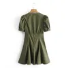 Moda Verão Casual Chic ArmyGreen V-Pescoço Mini Dress Mulheres Rua Desgaste Estilo Slim Slim Single-Breasted Vestidos Feminino 210508