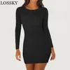 Ribbed Knitted Sexy Bodycon Mini Dress For Women Casual O Neck Long Sleeve Autumn Winter Slim Black Red Party Vestidos 210507