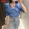 Tangada Women Retro Blue Striped Print Oversize Collar Shirt Short Sleeve Chic Female Short Blouse Shirt Tops 3H237 210609