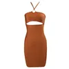 Sexy Brown Bodycon Mini Dress For Women Hollow Out Bandage Halter Sleeveless Strapless Nightclub Party Angel Summer 210517